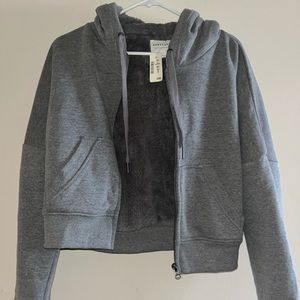 grey cropped fuzzy zip up